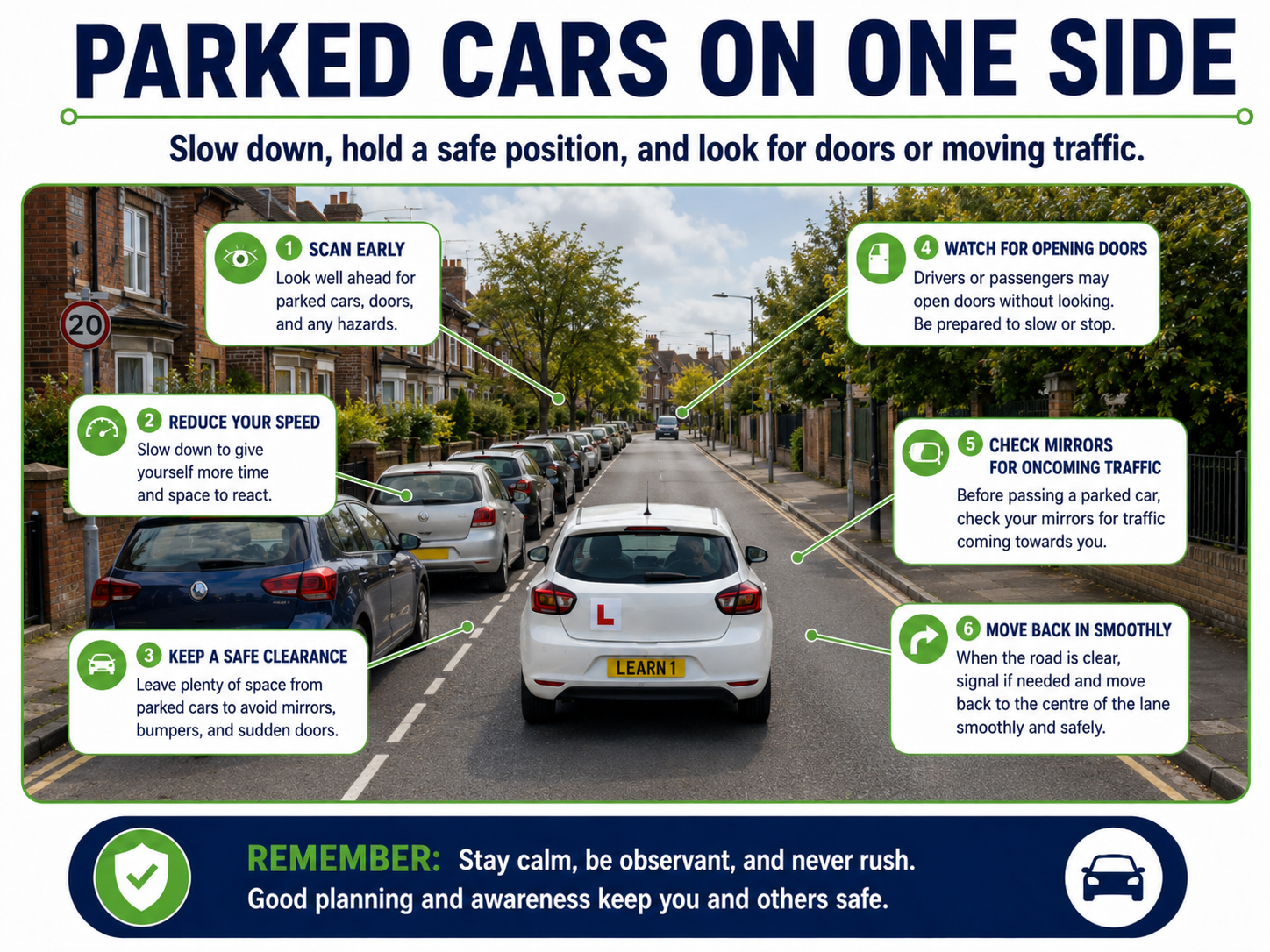 Parked cars on one side