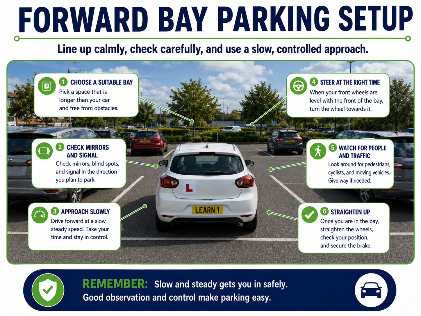 Forward bay parking setup