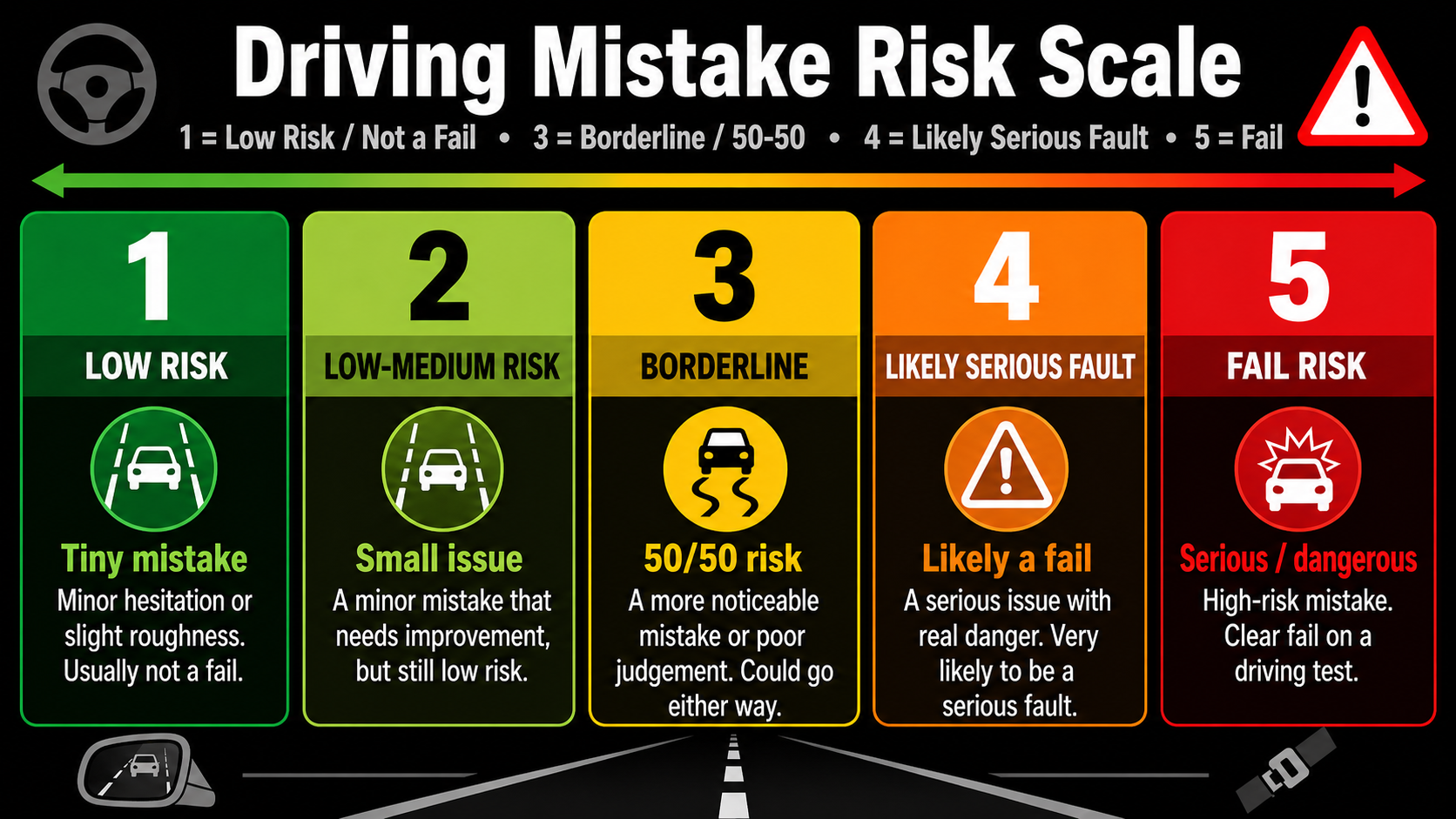 Driving mistake risk scale from low risk to fail risk